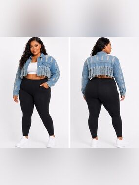Plus Size Distressed Cropped Denim Jacket - Light Blue